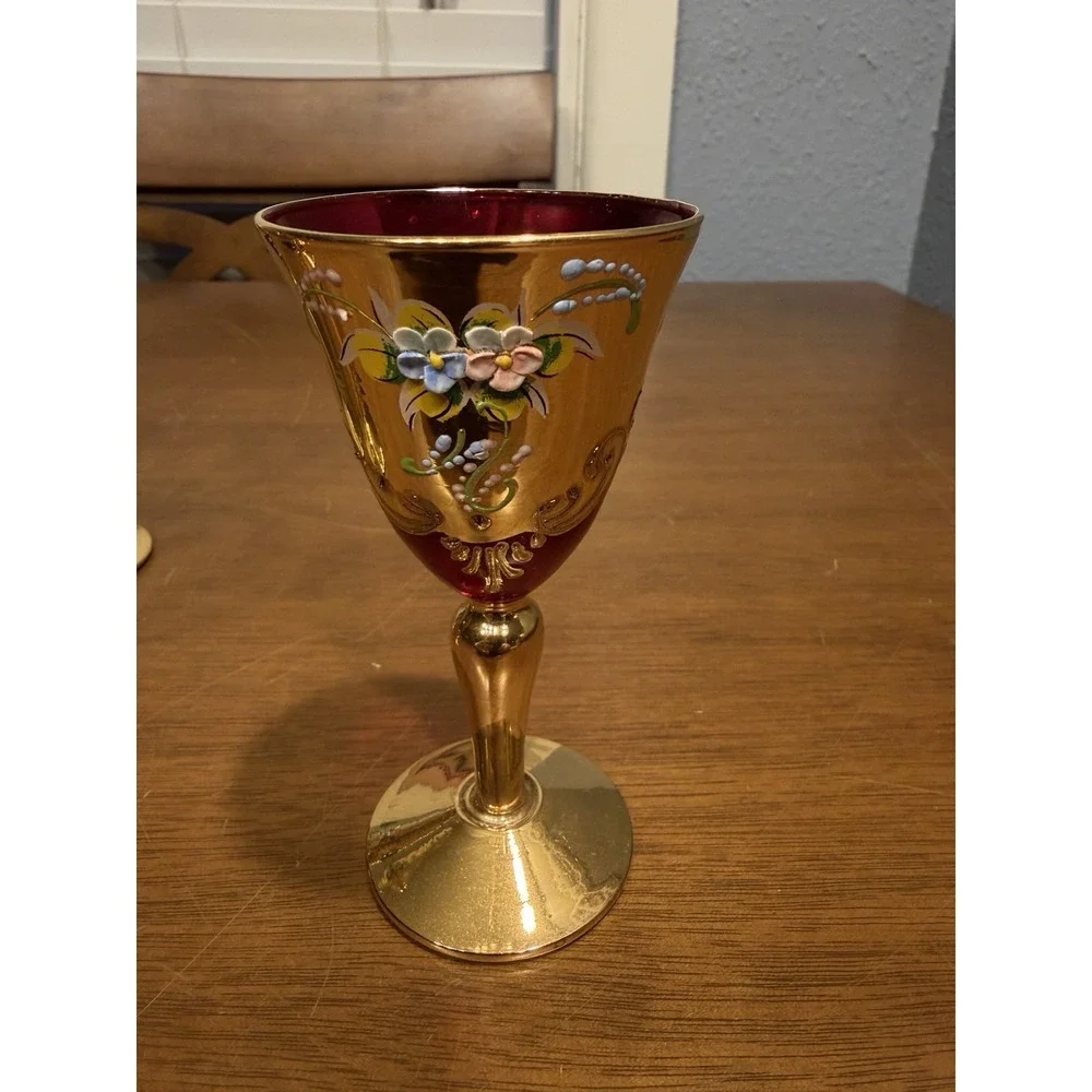 Lot Of 5 Vintage Handmade Murano Multi Color Gold Tre Fuochi Cordial Glasses
